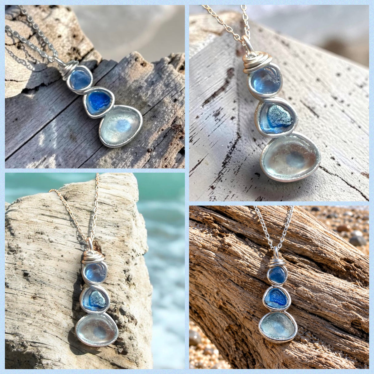 Blue Three Piece Seaham Sea Glass Pendant