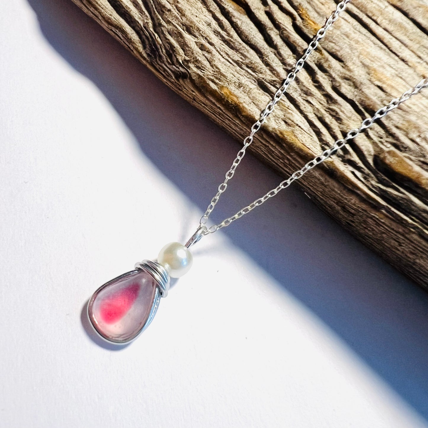 Pale Pink & White Seaham Sea Glass Multi Pendant