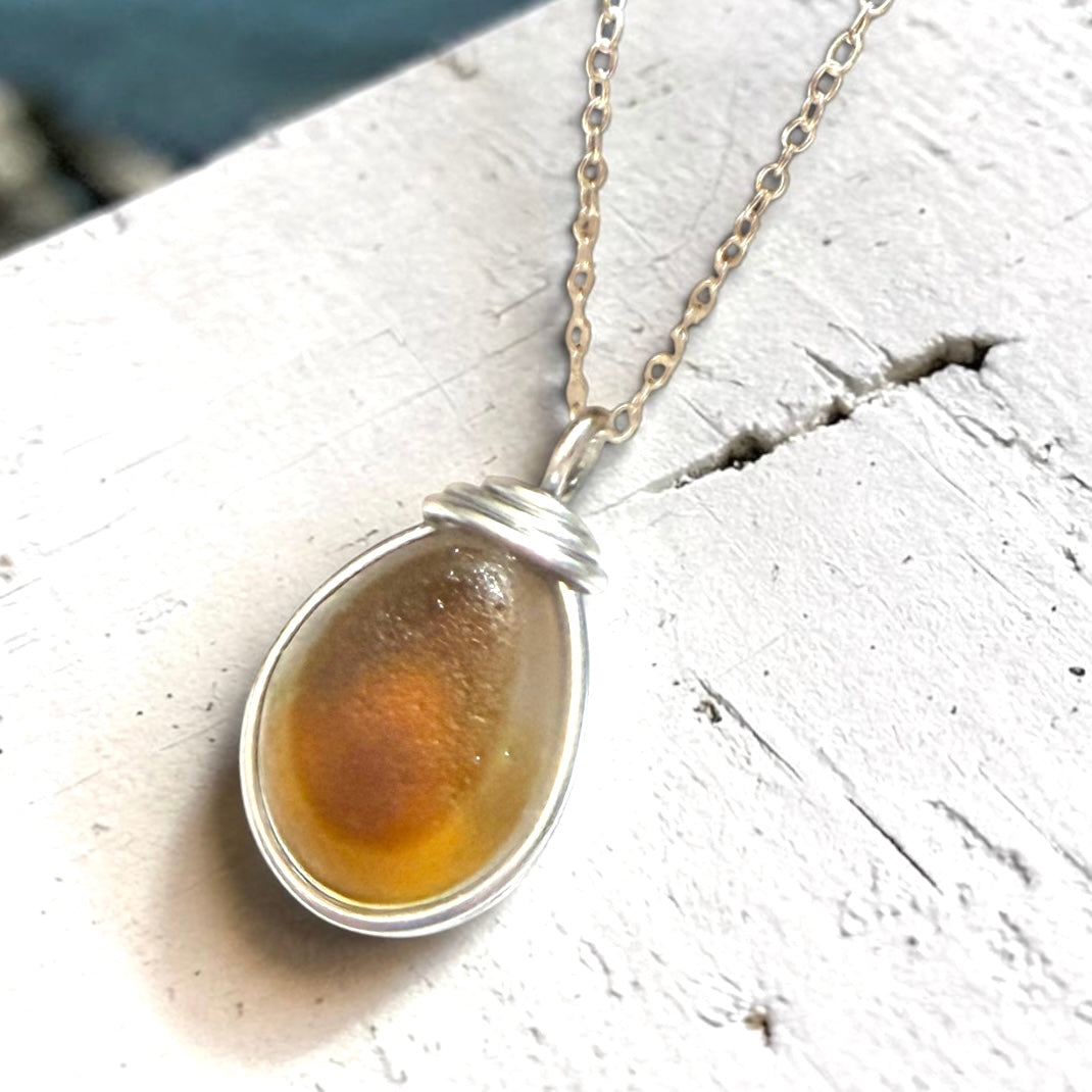 Large Yellow and Orange Multi Tone Seaham Sea Glass Pendant