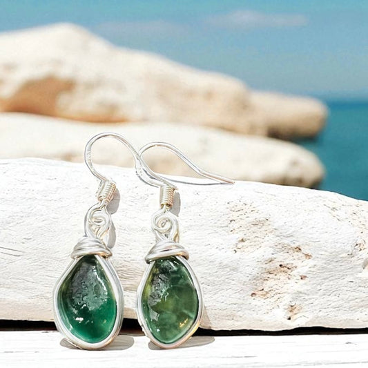 Turquoise Green Seaham Sea Glass Earrings