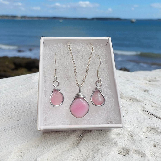 Pink Milky Sea Glass Jewellery Set