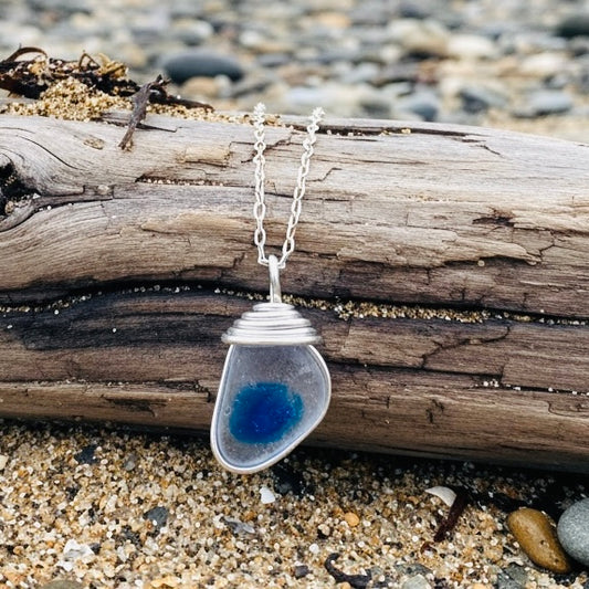 Seaham Sea Glass Blue and White Pendant .