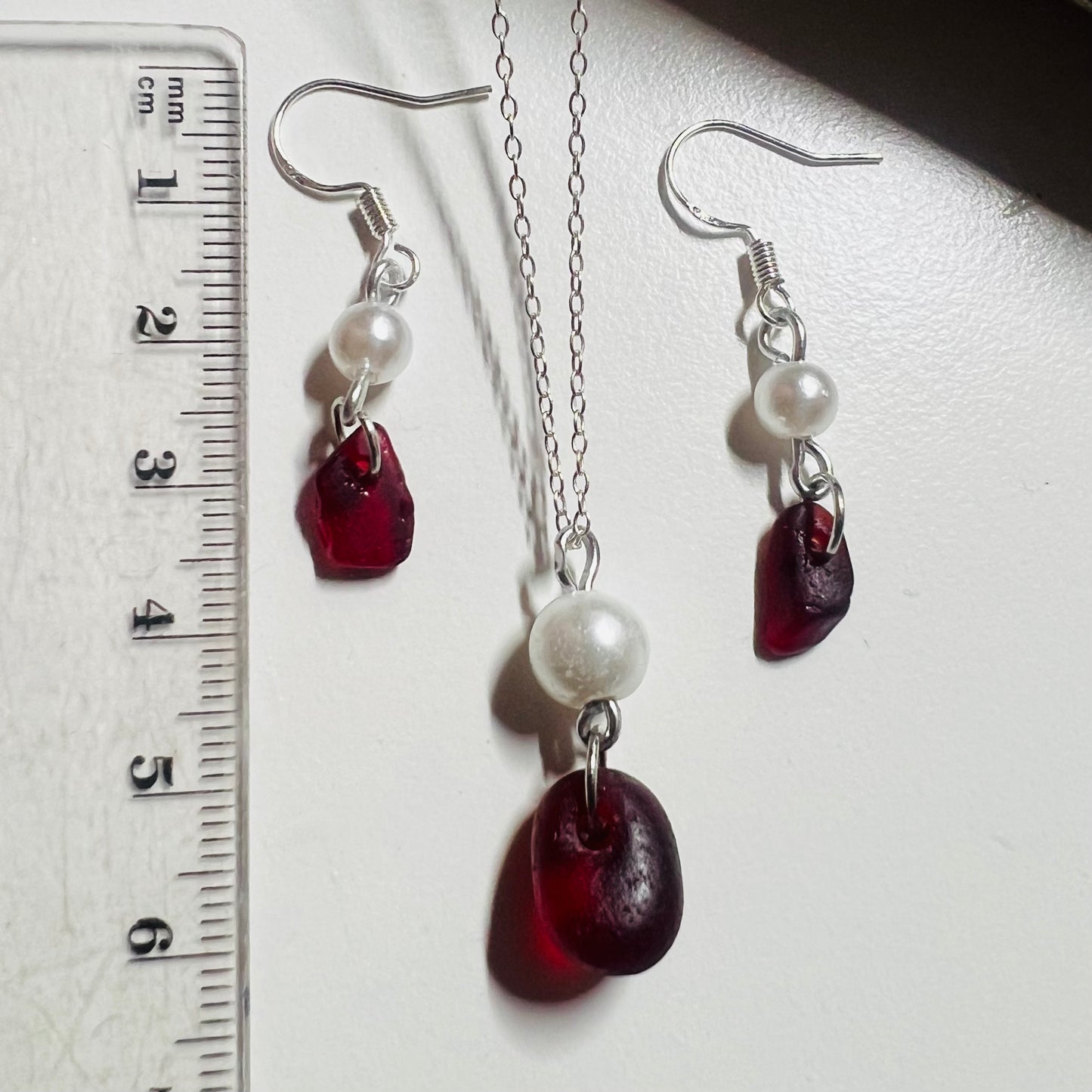 Burgundy Red and Glass Pearl Seaham Sea Glass Jewellery Set