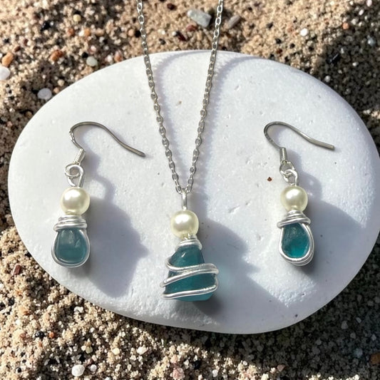 Turquoise Green Seaham Sea Glass Jewellery Set