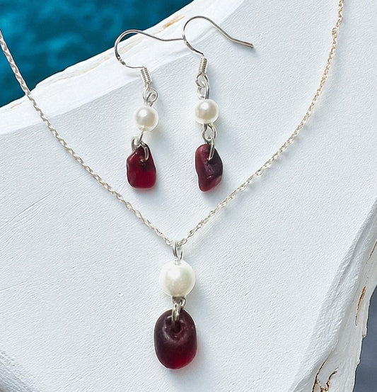 Burgundy Red and Glass Pearl Seaham Sea Glass Jewellery Set