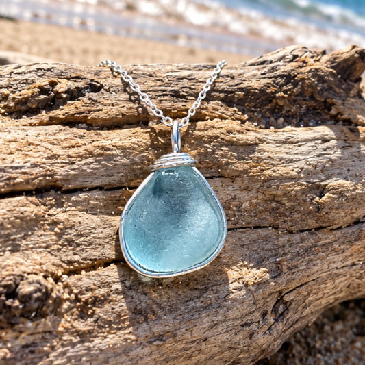 Chunky Large Rare Pale Blue Seaham Sea Glass Pendant