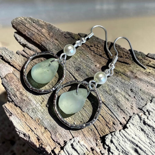 Aqua Sea Glass Frame & Pearl Earrings