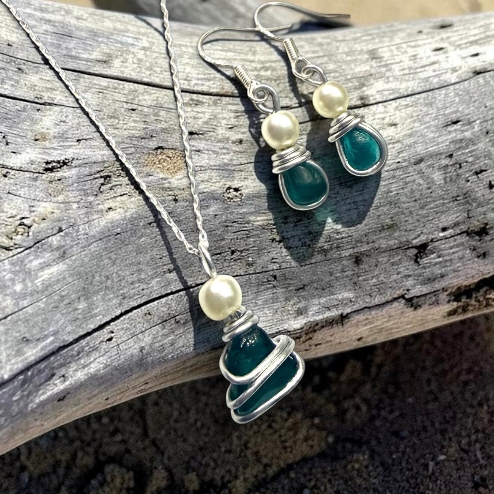 Turquoise Green Seaham Sea Glass Jewellery Set