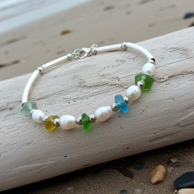 Seaham Sea Glass and Glass Pearl Bracelet