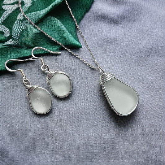 Frosty White Seaham Sea Glass Jewellery Set