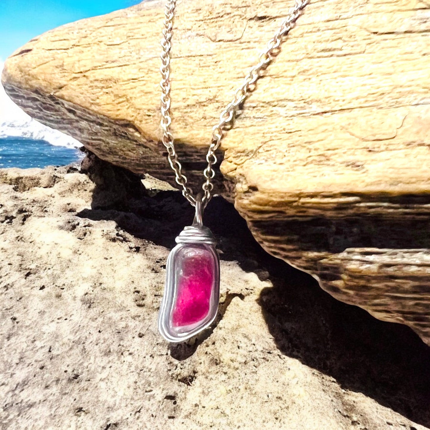 Rare Pink Seaham Sea Glass Multi Tone Pendant .
