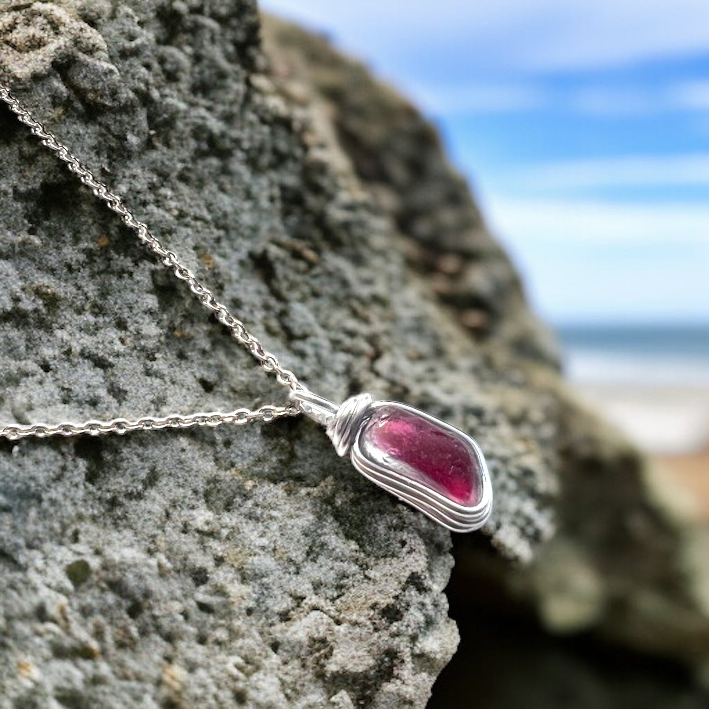 Rare Pink Seaham Sea Glass Multi Tone Pendant .