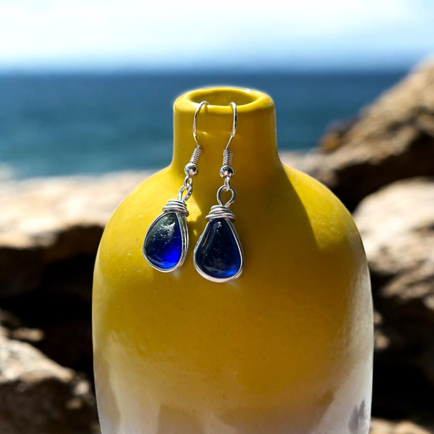 Mid Blue Seaham Sea Glass Earrings