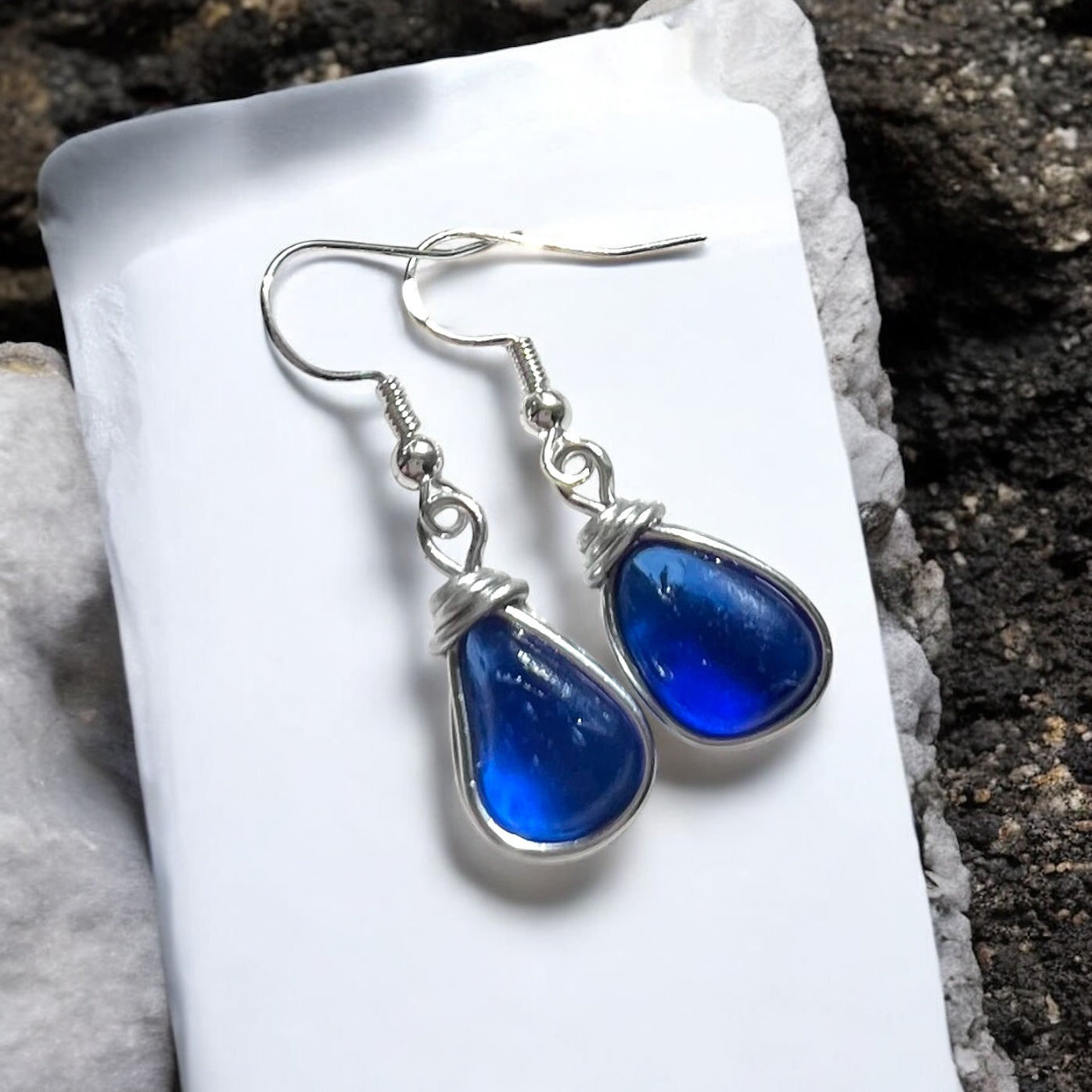 Mid Blue Seaham Sea Glass Earrings