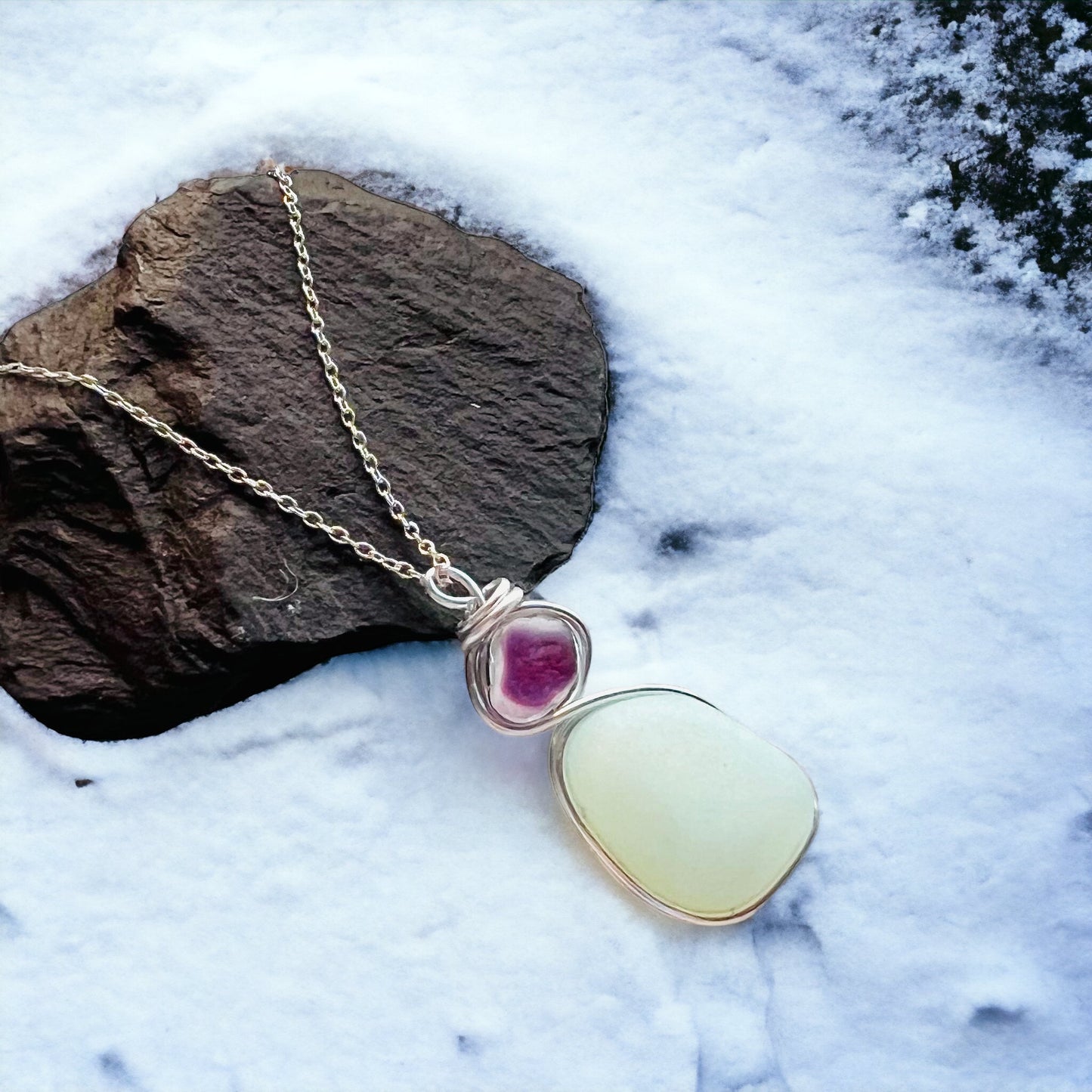Opal Sea Glass & Purple Sea Glass Pendant