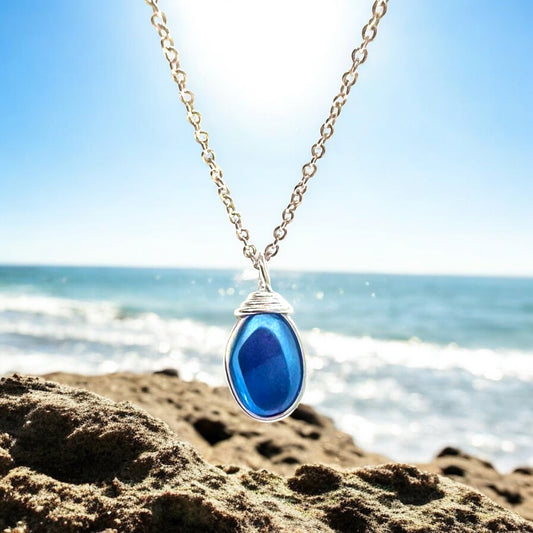 Rare Blue and Purple Seaham Sea Glass Multi Tone Pendant .