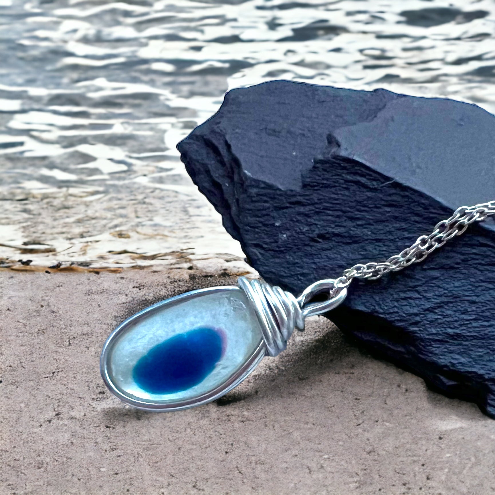 Blue and White Seaham Sea Glass Handmade Sea Glass Pendant 