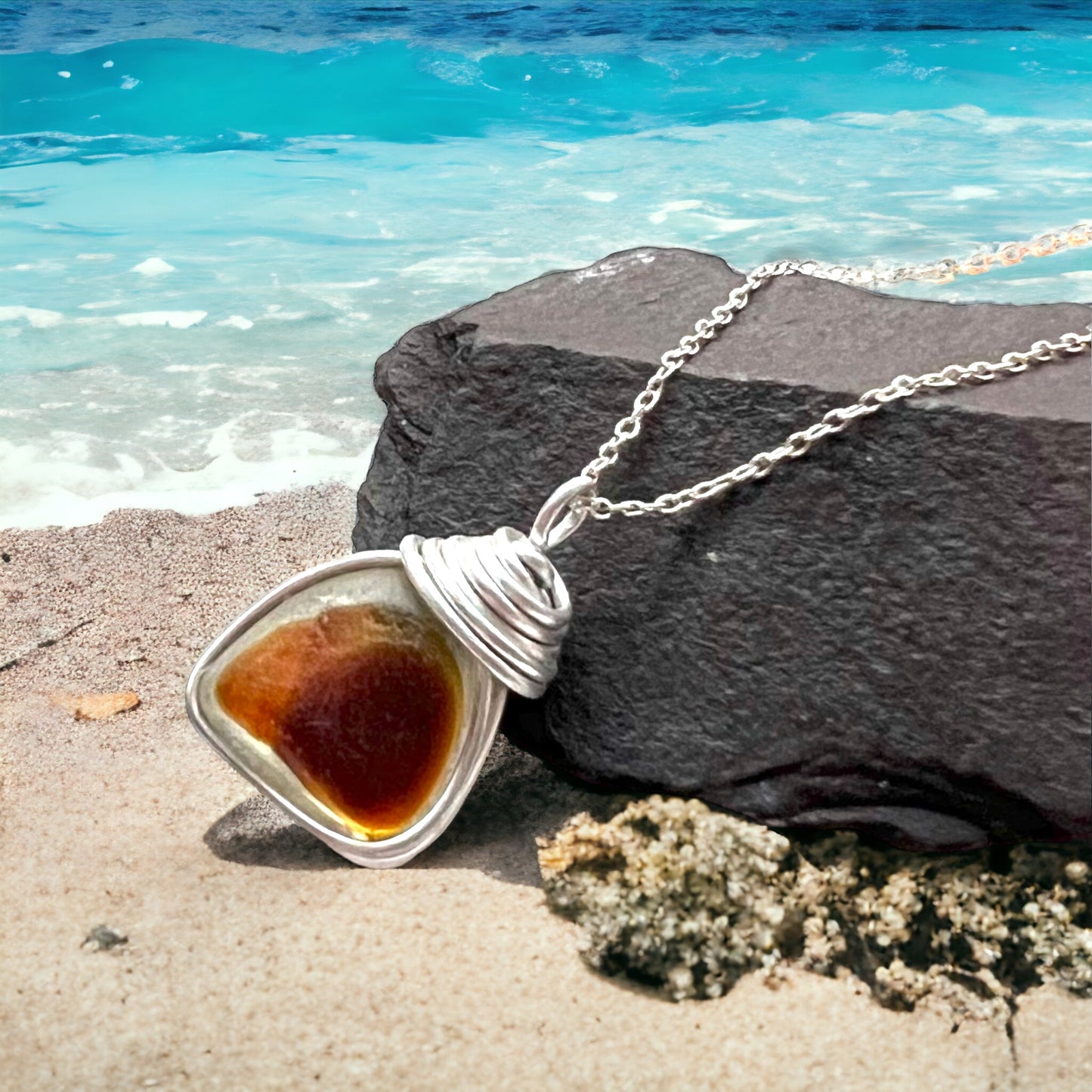 Yellow and Brown Seaham Sea Glass Pendant on a 20” Sterling Silver Chain .
