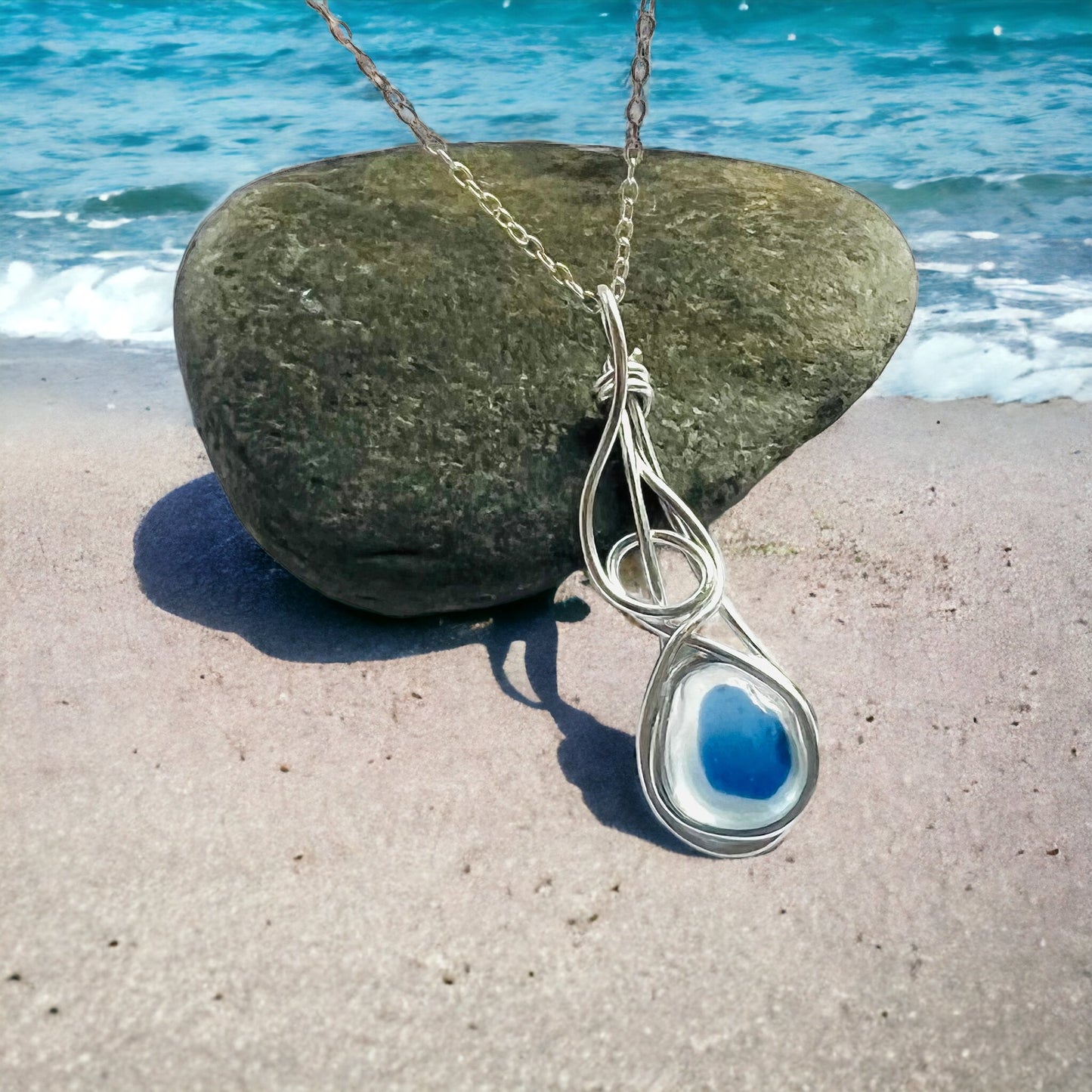 Blue and White Seaham Sea Glass Pendant