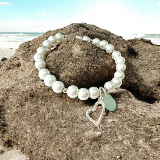 Pearl & Sea Glass Heart Charm Bracelet