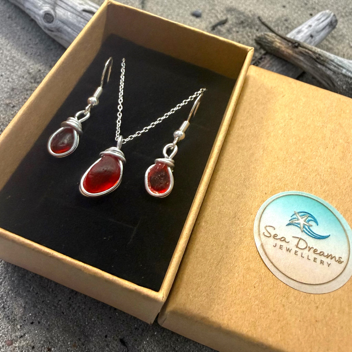 Rare Deep Orange/Red Seaham Sea Glass Jewellery Set