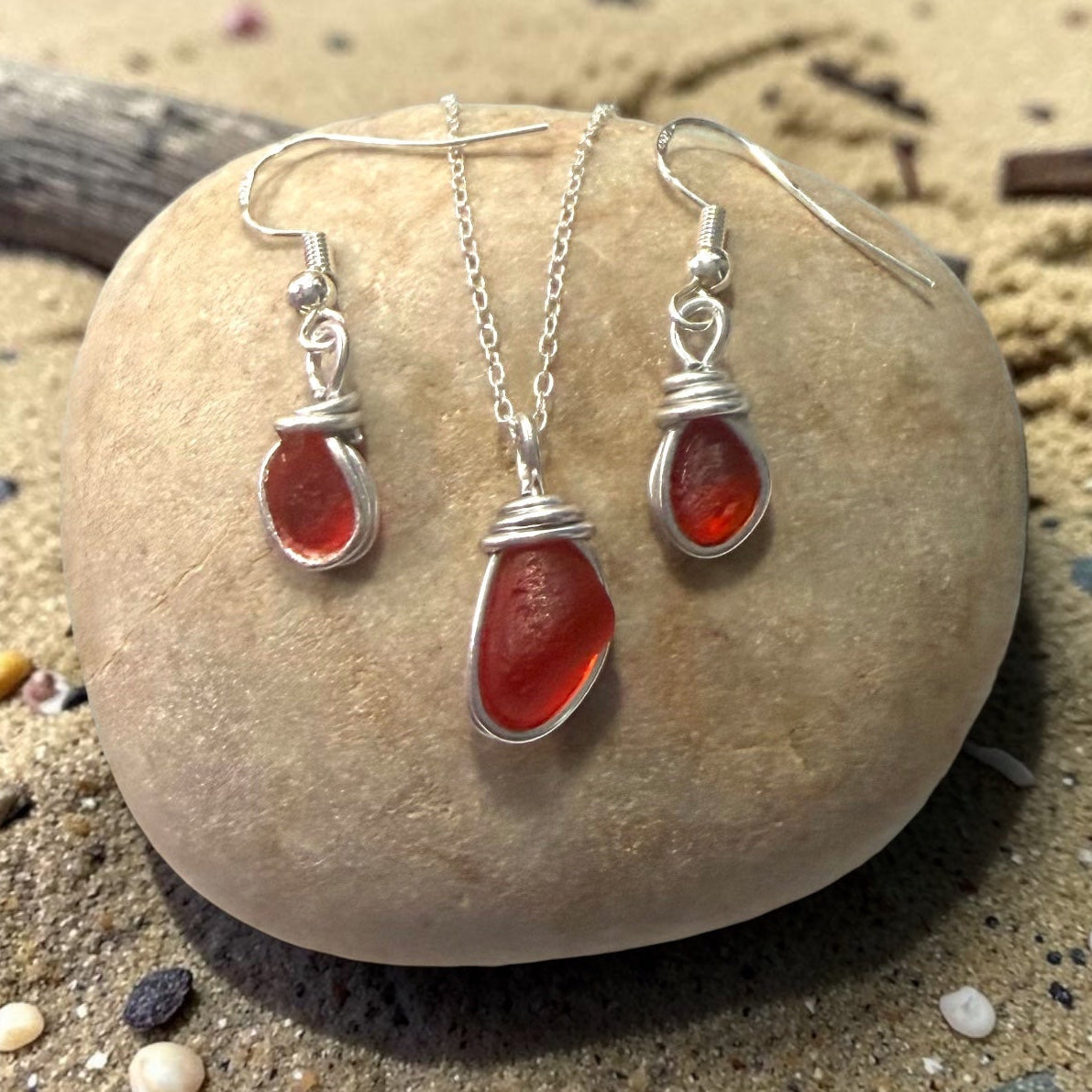 Rare Deep Orange/Red Seaham Sea Glass Jewellery Set