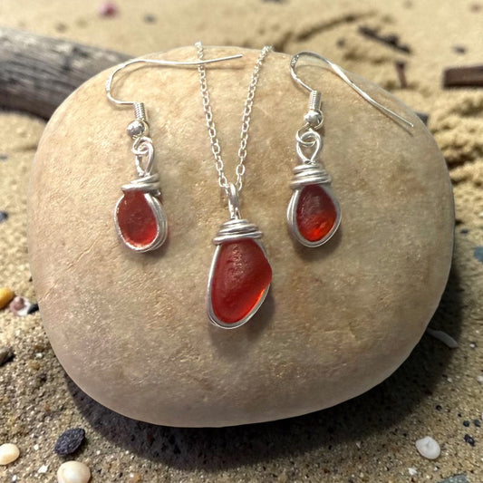 Rare Deep Orange/Red Seaham Sea Glass Jewellery Set