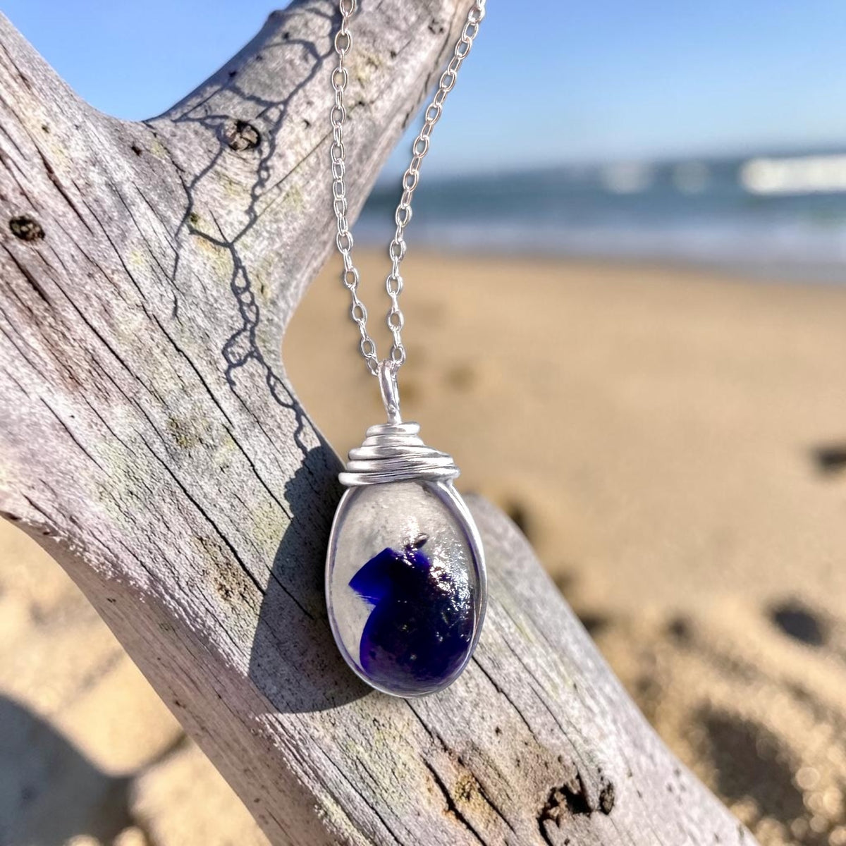 Deep Blue and White Seaham Sea Glass Multi Pendant