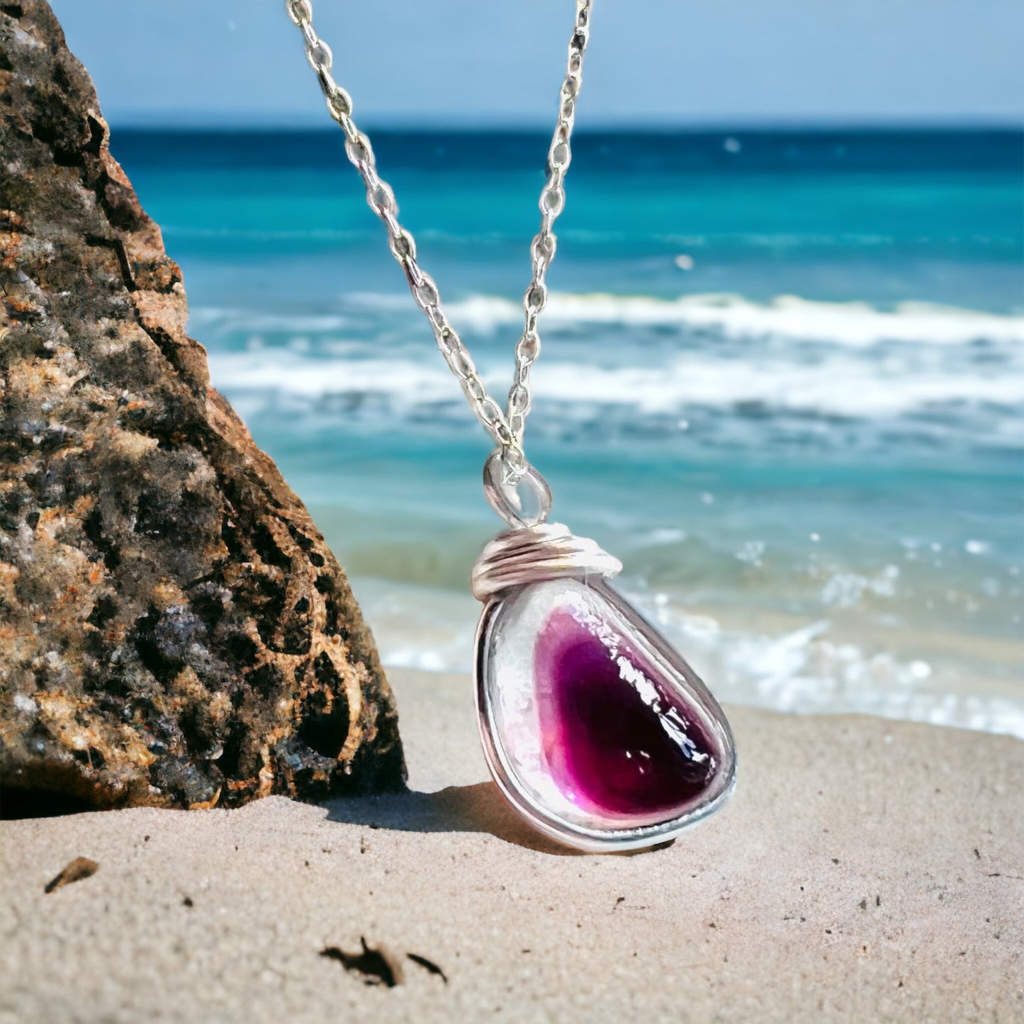 Stunning Pink & Purple Seaham Sea Glass Multi Pendant
