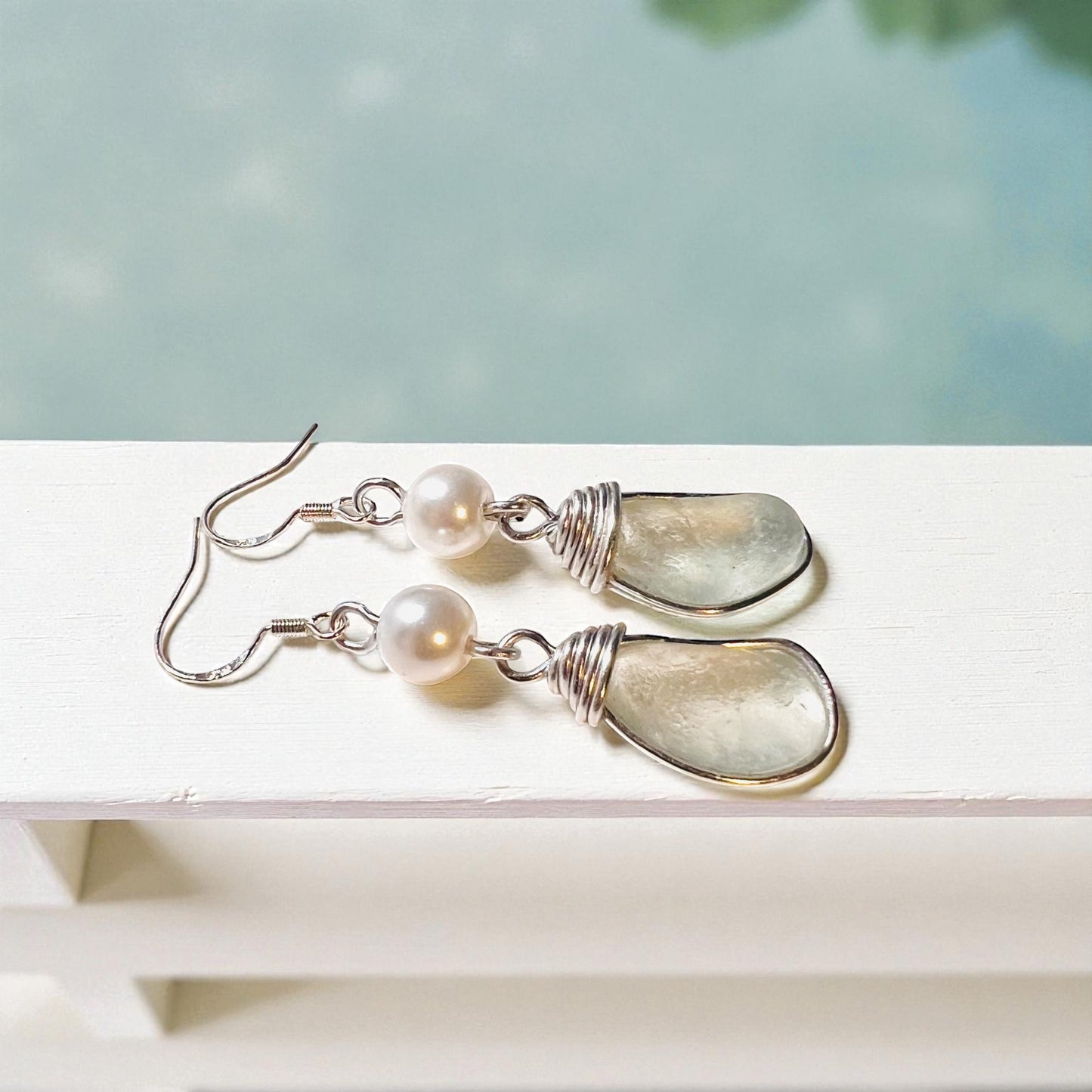 Sea Glass & Pearl Glass Bead Long Drop Earrings