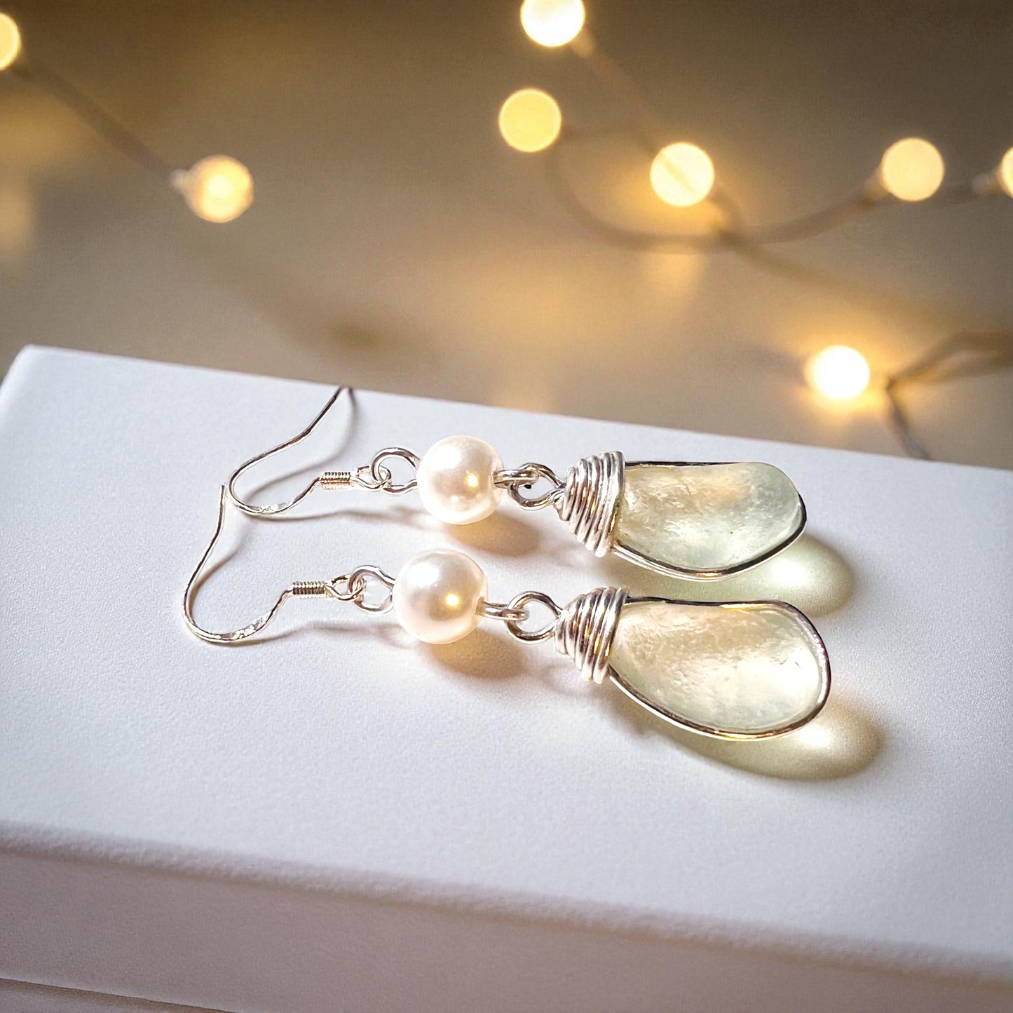 Sea Glass & Pearl Glass Bead Long Drop Earrings