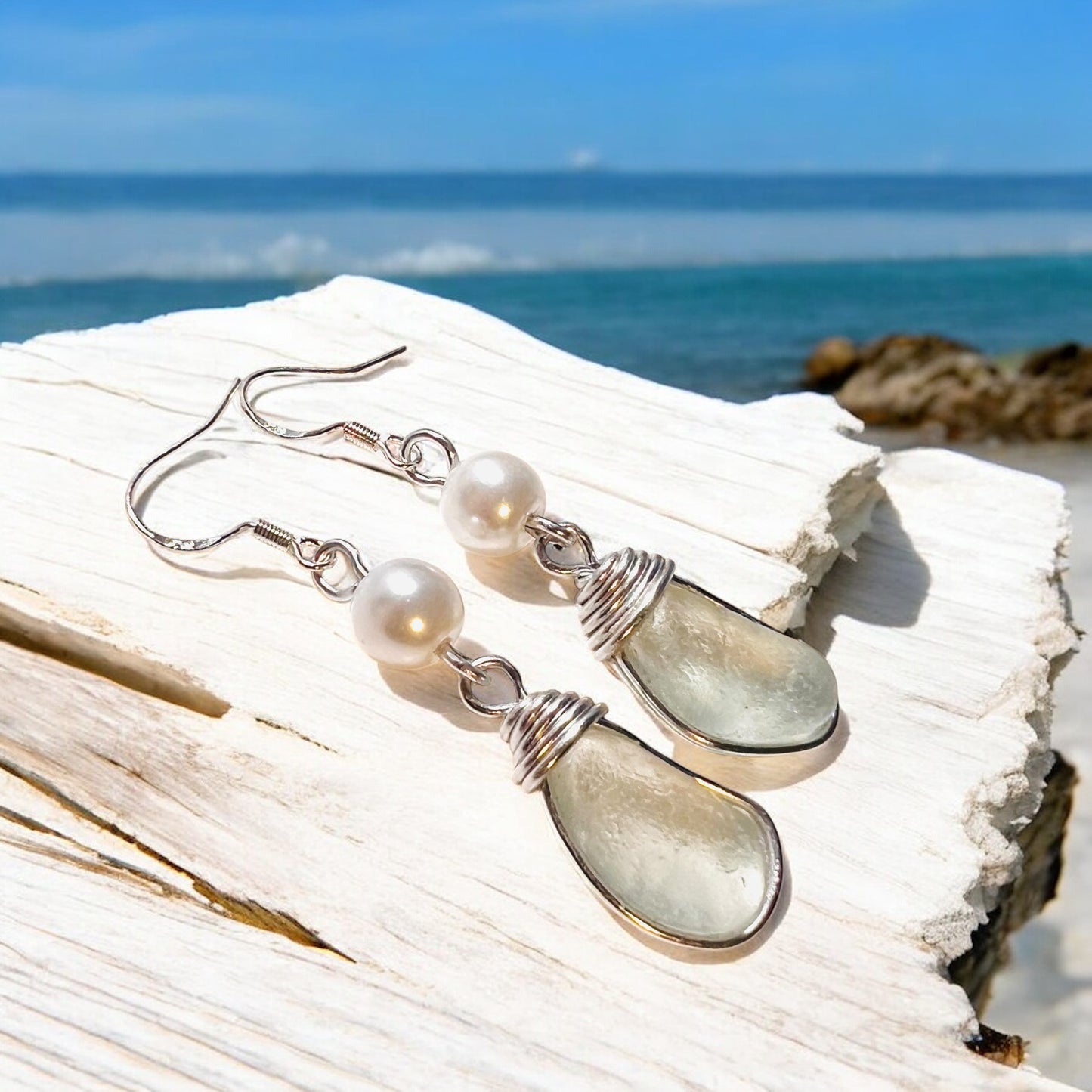 Sea Glass & Pearl Glass Bead Long Drop Earrings
