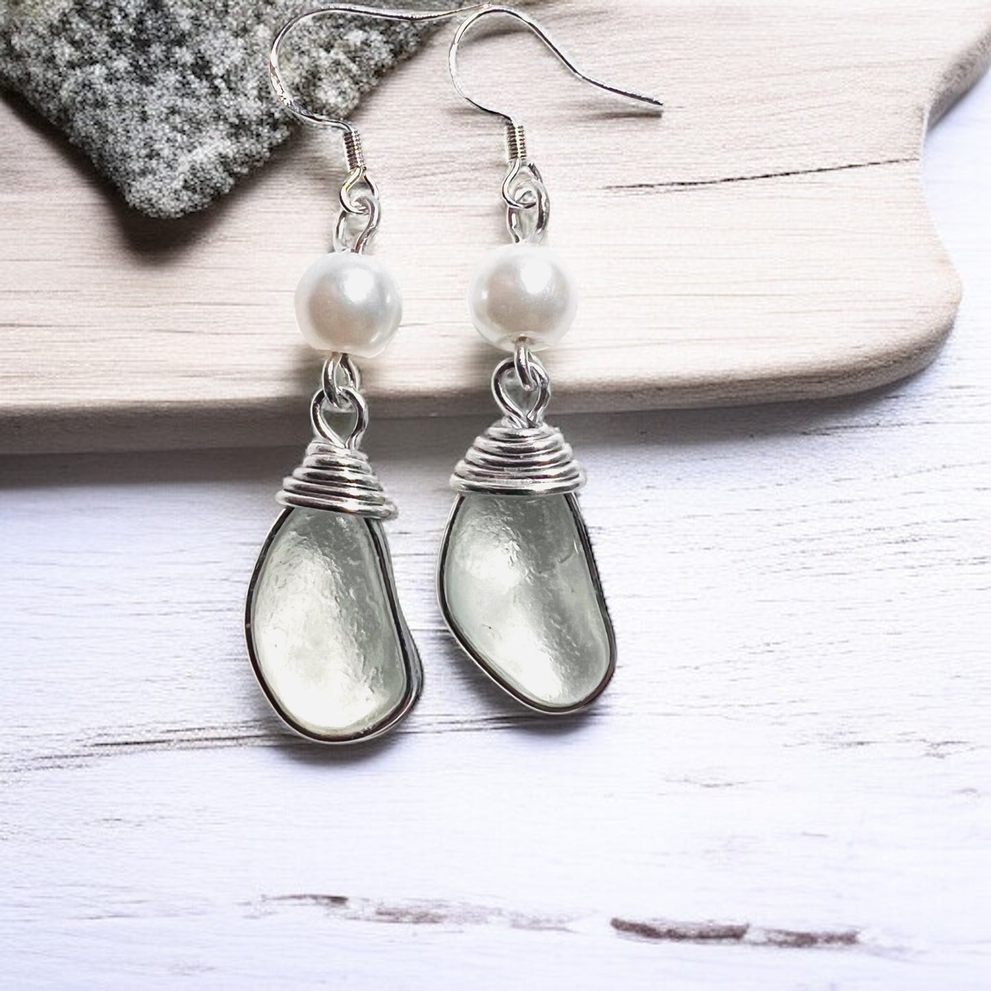 Sea Glass & Pearl Glass Bead Long Drop Earrings