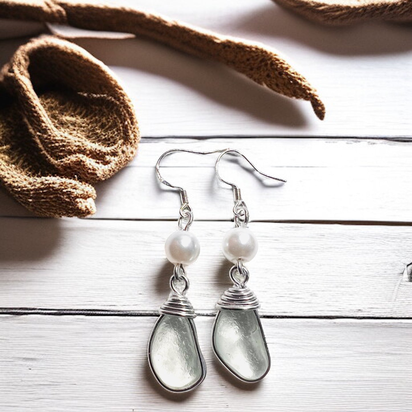 Sea Glass & Pearl Glass Bead Long Drop Earrings