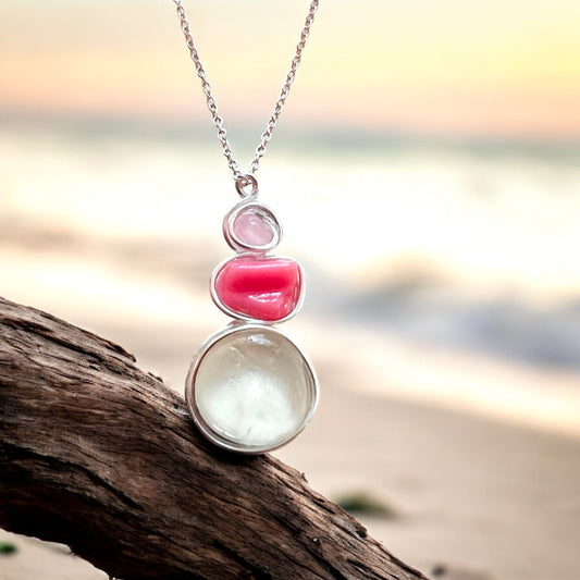 Rare Pink Three Piece Seaham Sea Glass Pendant