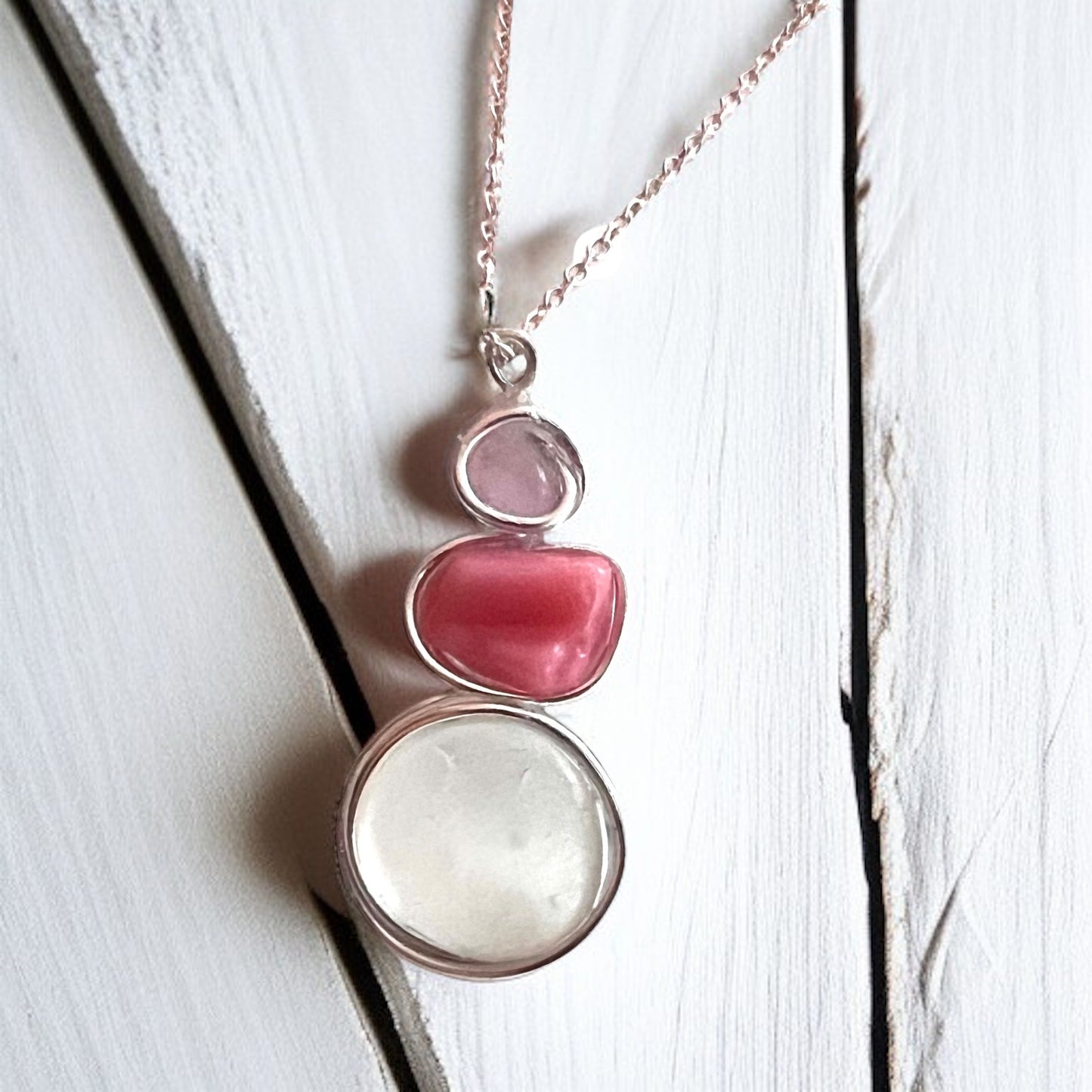 Rare Pink Three Piece Seaham Sea Glass Pendant