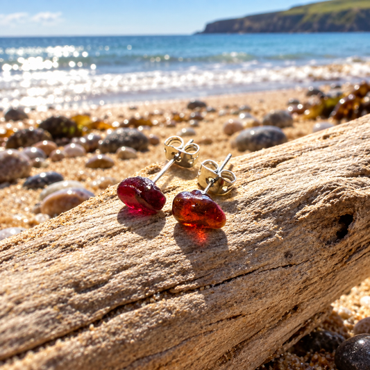 Rare Red Seaham Sea Glass Stud Earrings