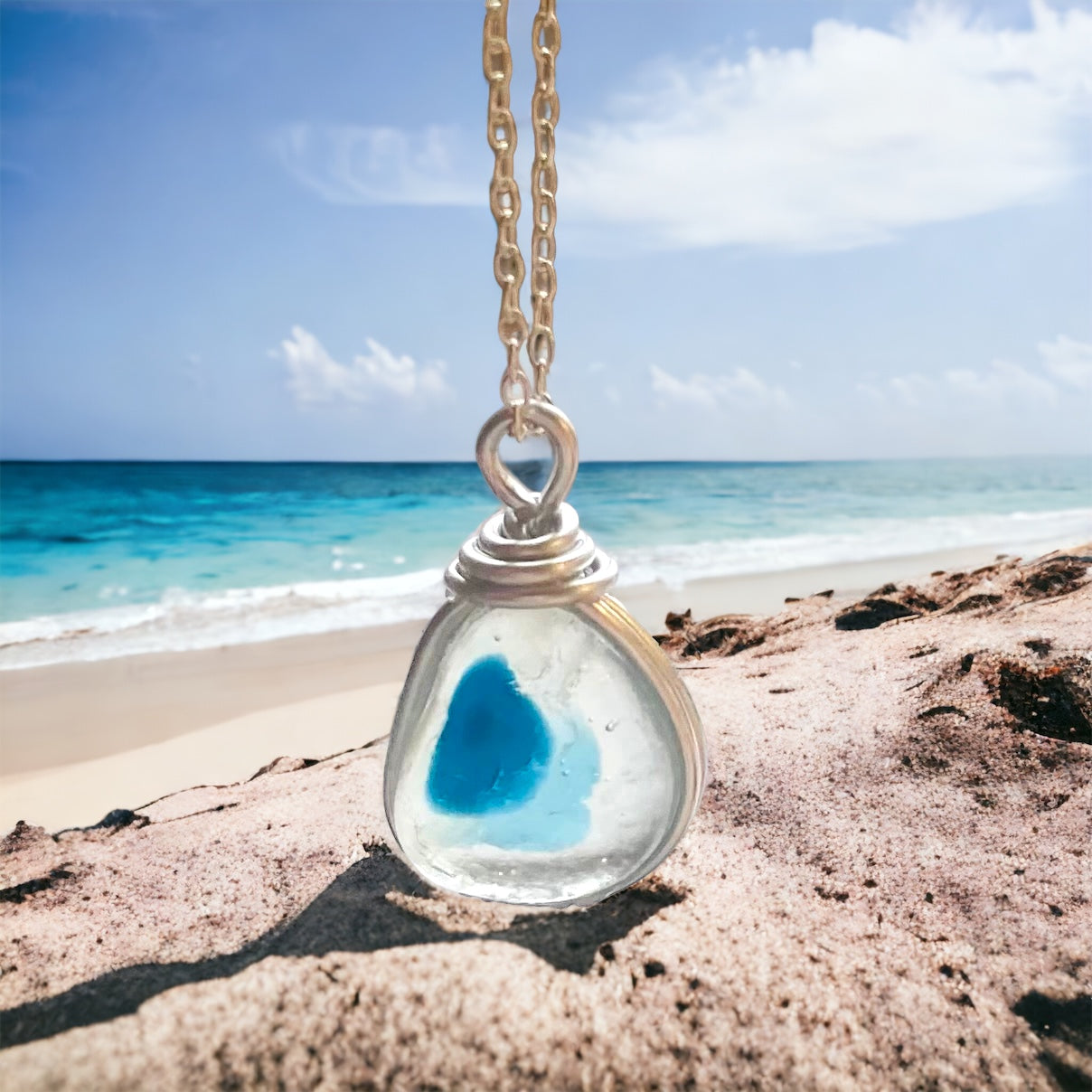 Blue and Turquoise Seaham Sea Glass Multi Pendant