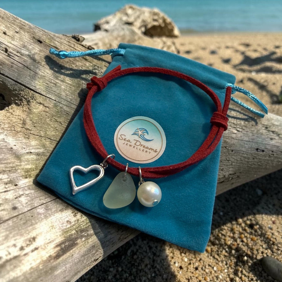 Sea Glass Heart Charm amd Sea Glass Suede Cord Bracelet