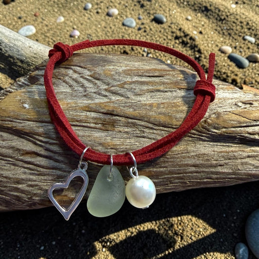 Sea Glass Heart Charm amd Sea Glass Suede Cord Bracelet