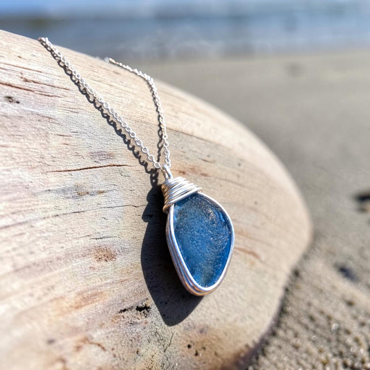 Large Mid Blue Seaham Sea Glass Pendant