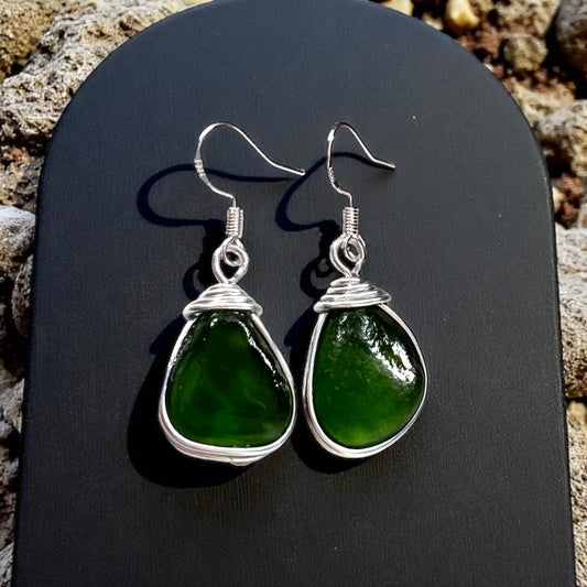 Chunky Green Seaham Sea Glass Earrings