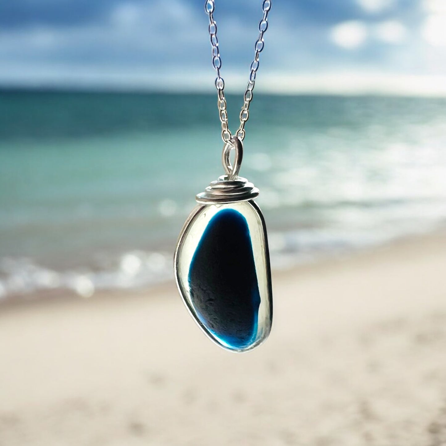 Large Seaham Sea Glass Blues Multi Pendant