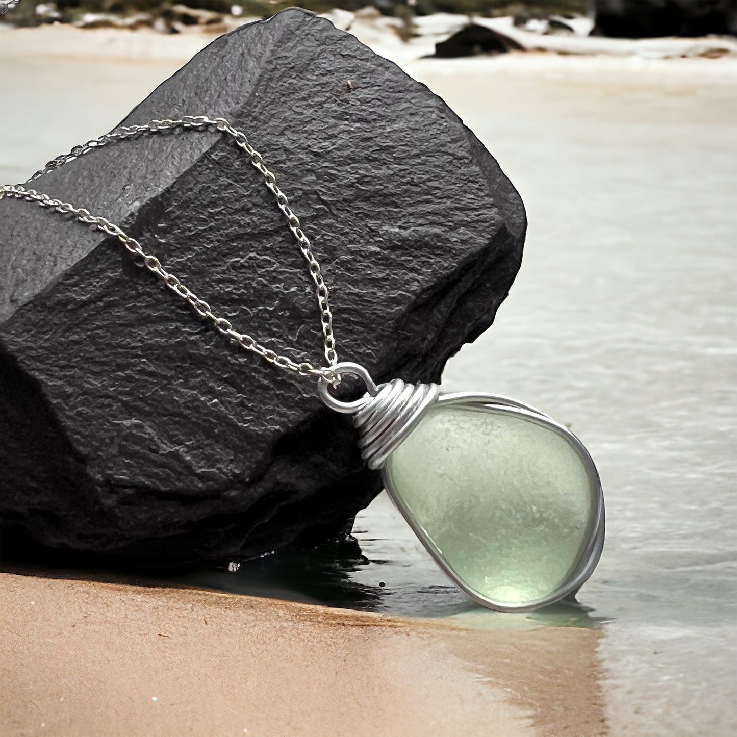 Pale Lime Green Seaham Sea Glass Nugget Pendant