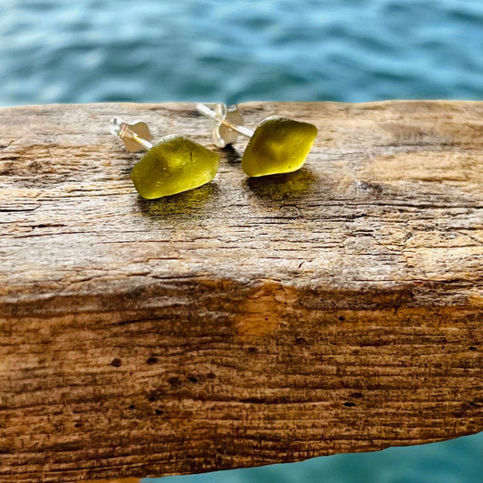 Olive Green Seaham Sea Glass Stud Earrings