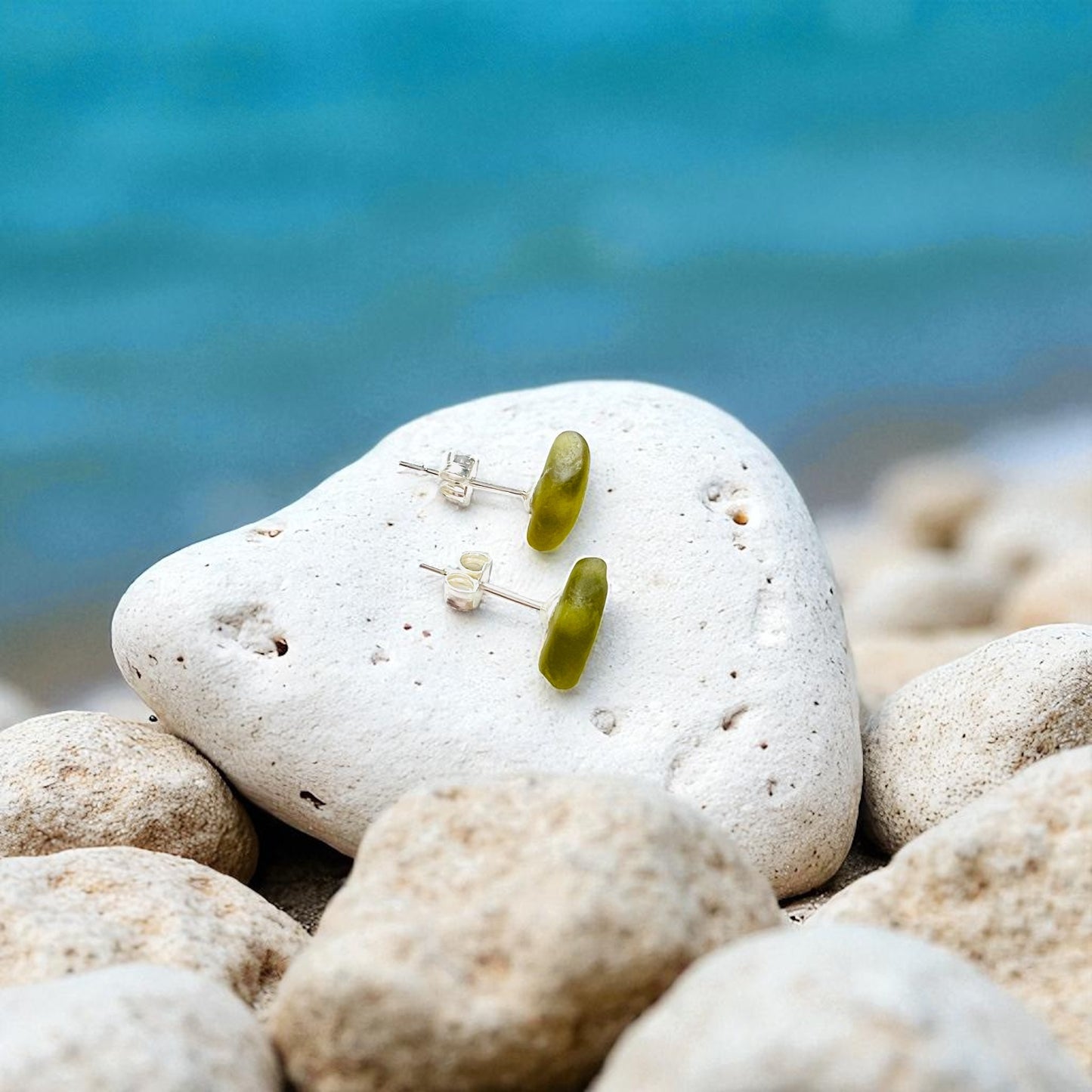 Olive Green Seaham Sea Glass Stud Earrings