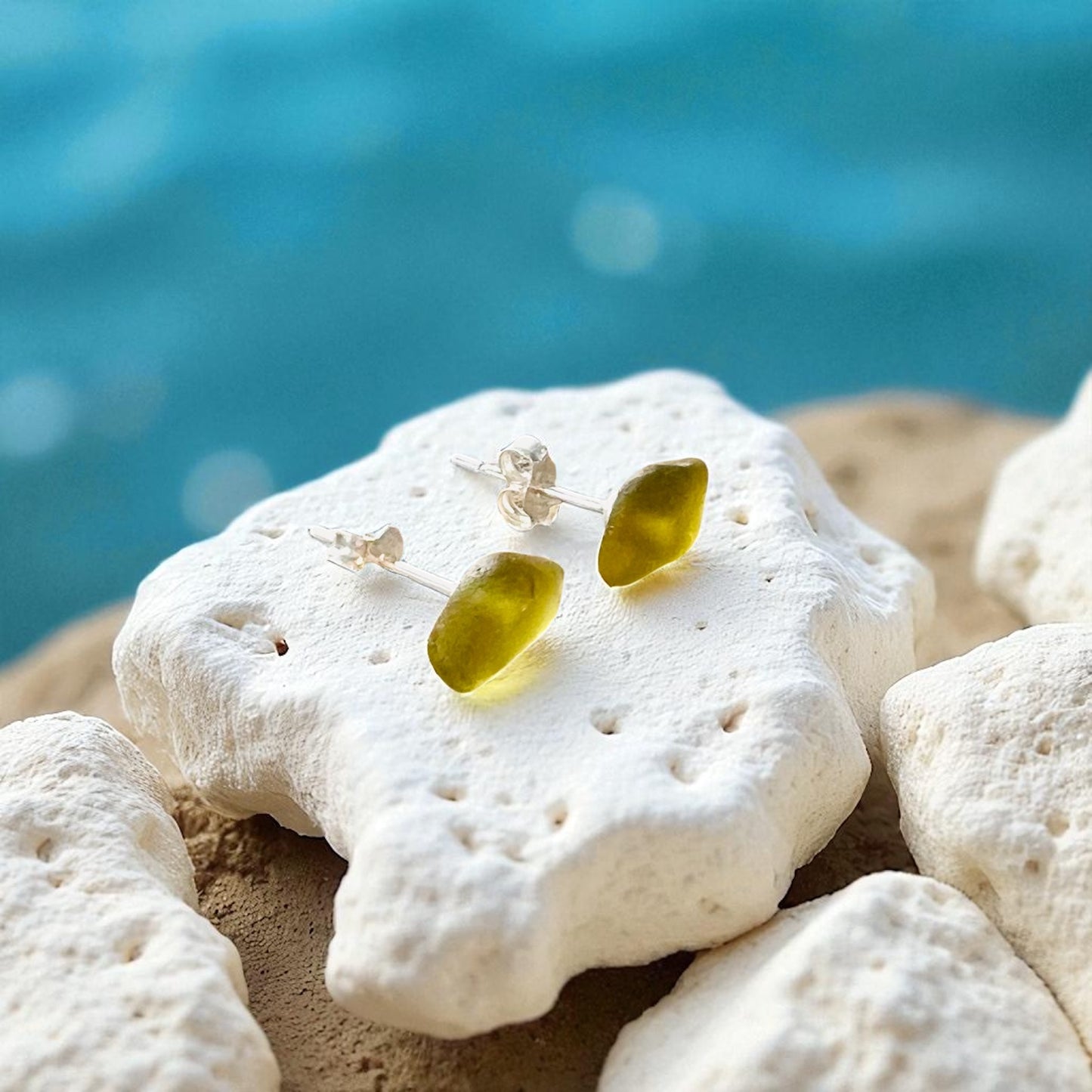 Olive Green Seaham Sea Glass Stud Earrings