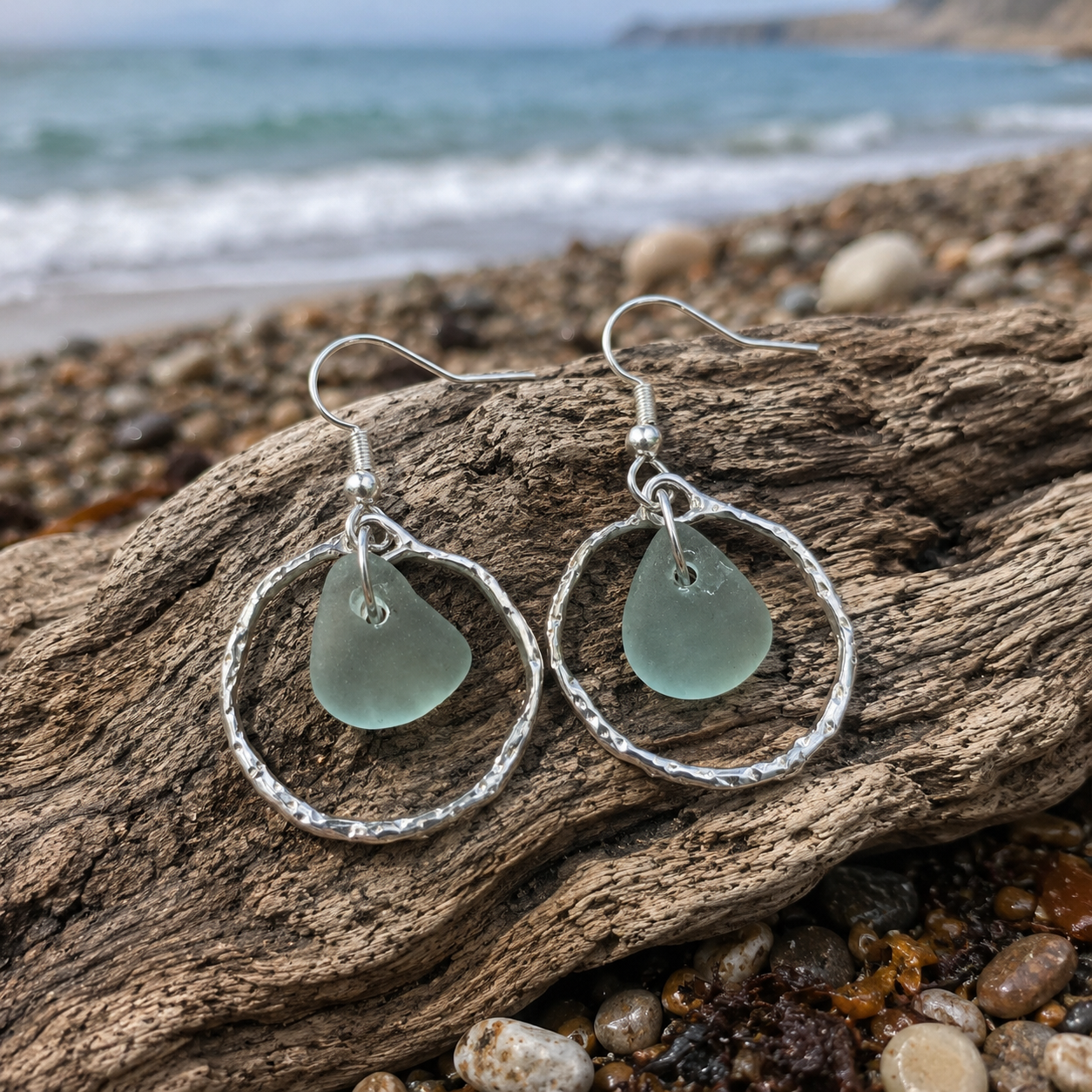 Pale Aqua Seaham Sea Glass Frame Earrings