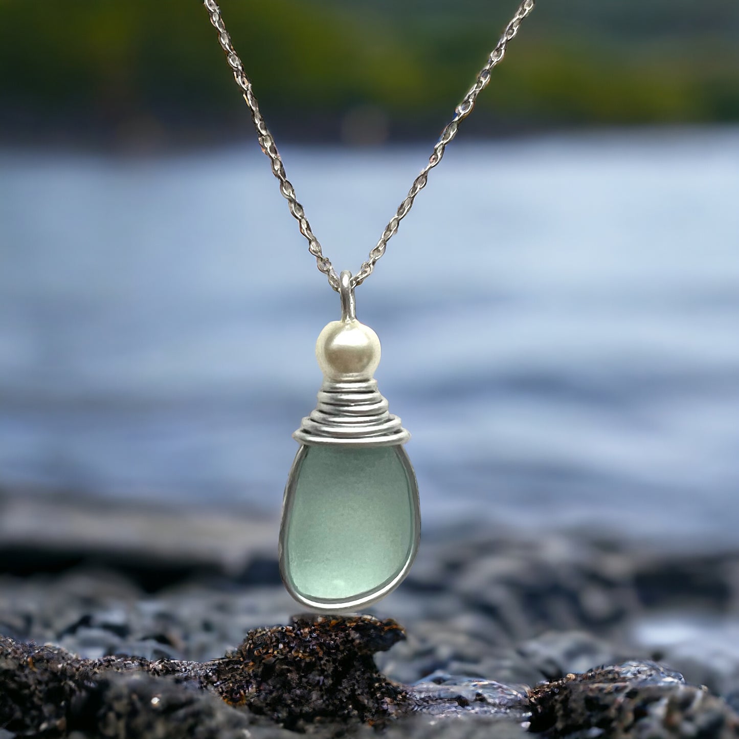 Devon Sea Glass and Glass Pearl Pendant