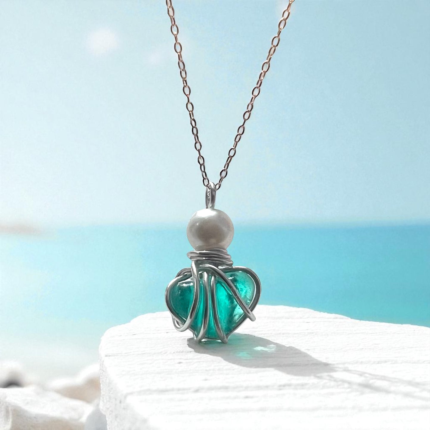 Turquoise Seaham Sea Glass and Glass Pearl Pendant